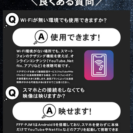 【公式】FFF モバイルプロジェクター 小型 Andorid9 DLP Wi-Fi 台形補正 4000mAh 30000時間 ポータブル FFF-PJM1