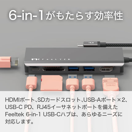 【公式】Type-Cハブ iPhone15対応 Portable 6 in 1 USB-C Hub USB-C PD最大100W対応 HDMIポート最大4K@30Hz対応 デュアルUSB-Aポート USB3.1高速転送対応 ギガビット イーサネット SDカードスロット Feeltek HCM006AP2F